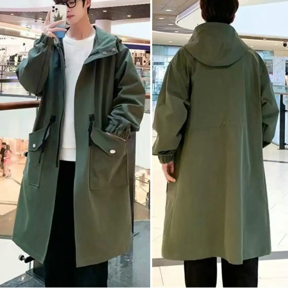 Comfortable Men Windbreaker Streetwear Mens Trench Coat with Hood Big Pockets Windproof Mid Length Solid Color for Men 250214BJ