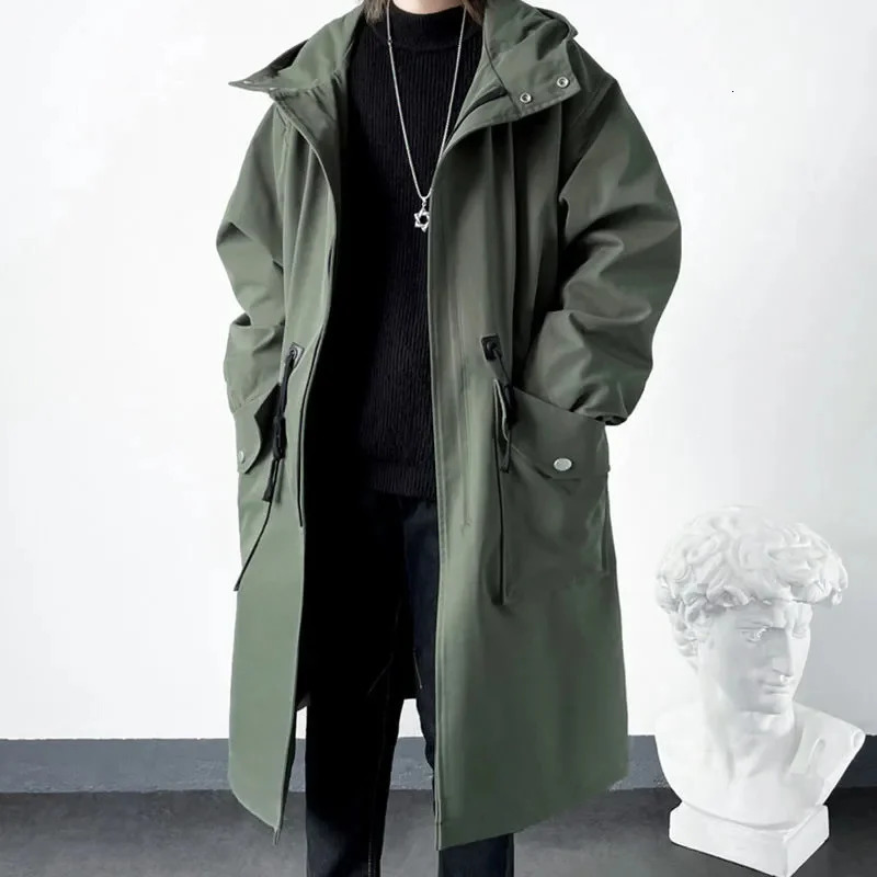 Spring Autumn Army Green Windbreaker Fashion Men Mid-length Casual Hooded Coat Men Daily High Street Overcoat Male Clothes 250214BJ