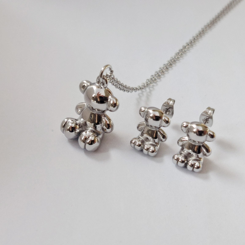 Fashion Women Silver Gold Stainless Steel Bear Pink Red Black Oil Pendant Bracelet Earrings Sets Jewelry-image-1044867806