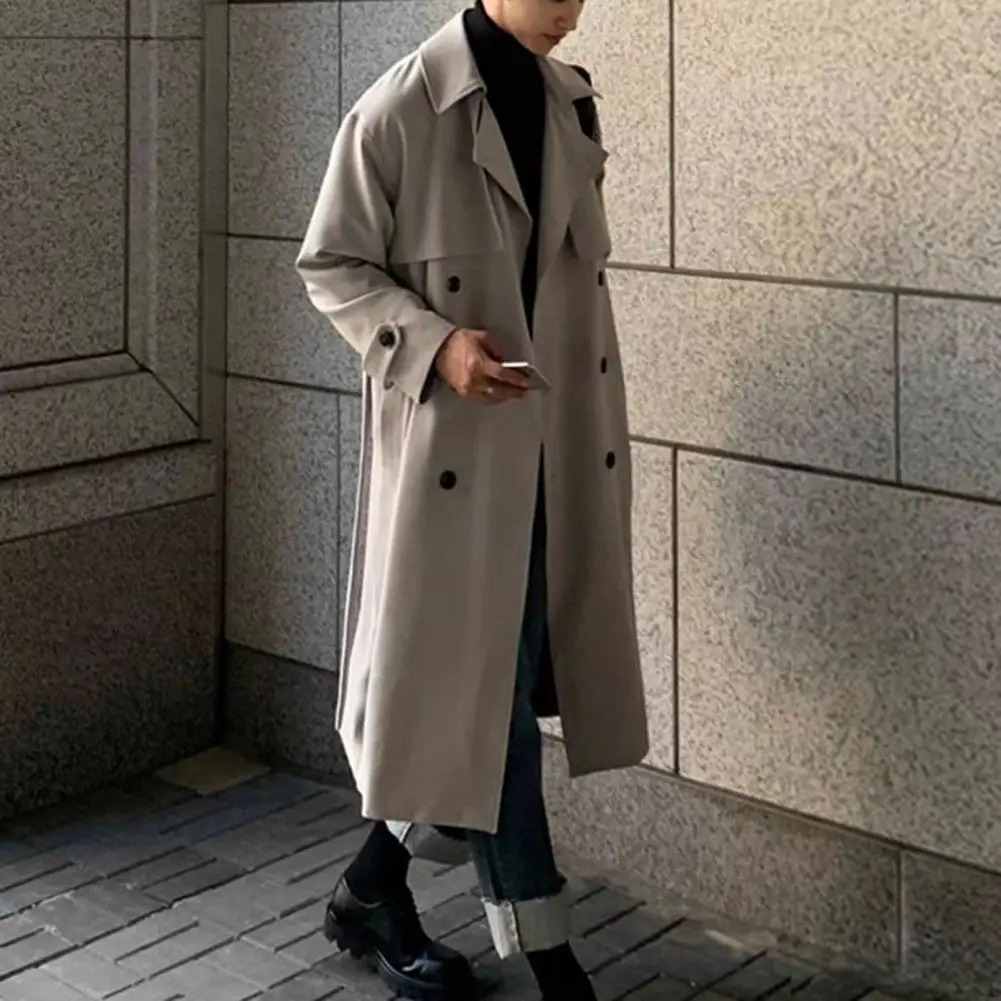 Trench Men Coat British Style Solid Double Breasted Oversize Leisure Long Coats Stylish Outwear Mens Korean Style Windbreaker 250214BJ