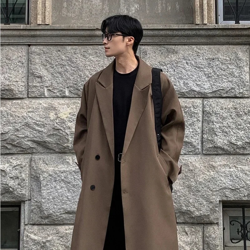 Autumn Coats Loose Mid Length Over Knee Thin Windbreaker Handsome Shoulder Padded Suit Jacket for Men Trench Coat 250214BJ