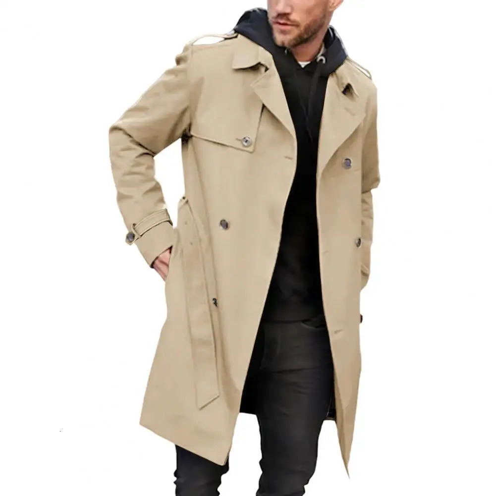 Mens autumn and winter windproof slim fit double chest lapel long sleeved pocket belt medium length jacket 250214BJ