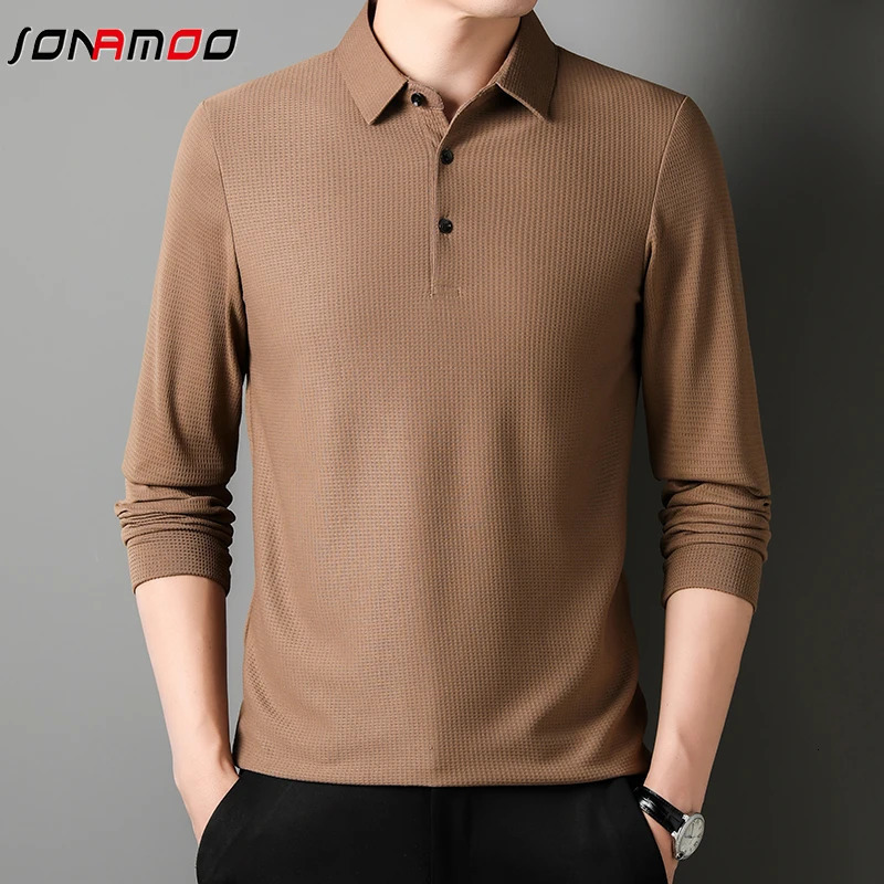Mens Business Casual Polo Long Sleeve T-shirt Summer Comfortable Solid Top 250214BJ