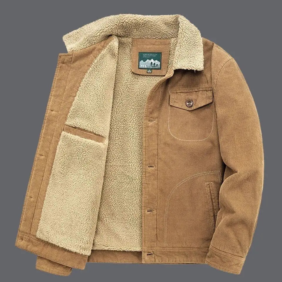 Corduroy Jacket Men Winter Thick Warm Parkas Coats Male Casual Multiple pockets Oversized Fleece Jackets Mens Solid Clothing 250214Z