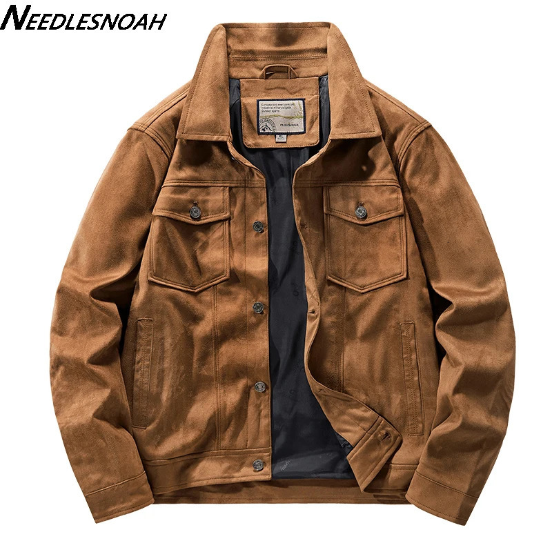 NEEDLESNOAH Mens Vintage Brown Pilot Faux Suede Jacket Spring Autumn Cargo Lightweight Turn down Collar Casual 250214Z
