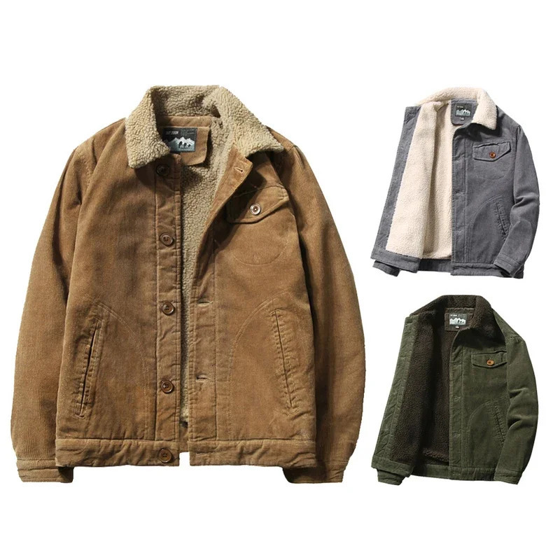 Oversized 6XL Corduroy Jacket Men Winter Thick Warm Parkas Coats Male Casual Multiple pockets Fleece Jackets Mens Solid Clothing 250214Z