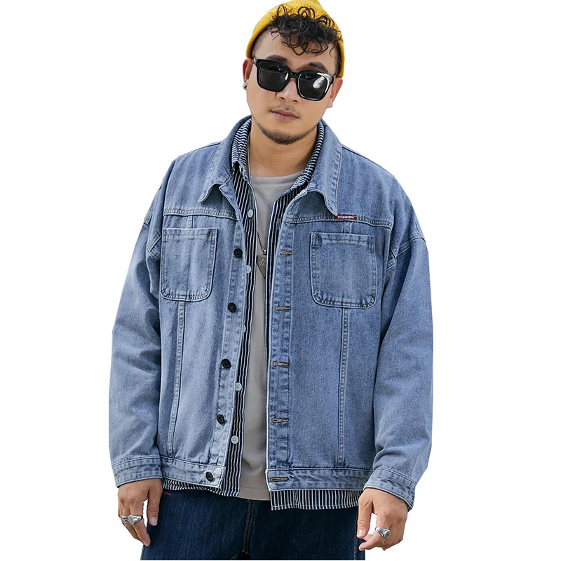 5XL 6XL 7XL 8XL Mens Denim Jacket Fall Classic Pocket Youth Casual Loose Black Blue Light 250214Z
