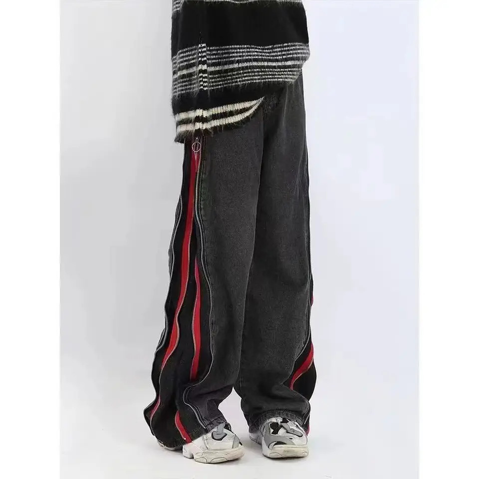 trousers Men Jeans Summer American Street Trendy Hip Hop Black Red Double Zipper Laundry Jeans Suitable For Mens And Womens Loose Leg Casual Pants Y