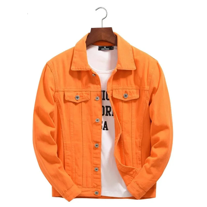 Mens Spring and Autumn Denim Jacket Loose Large Size Korean Version of Orange Casual Lapel Singlebreasted Top 250214Z