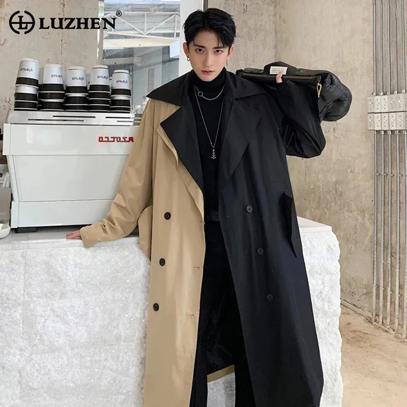 LUZHEN Long Spring Fashion Color Contrast Windbreaker Original Patchwork Mens Casual Elegant Trench Coat Loose LZ5393 250214BJ