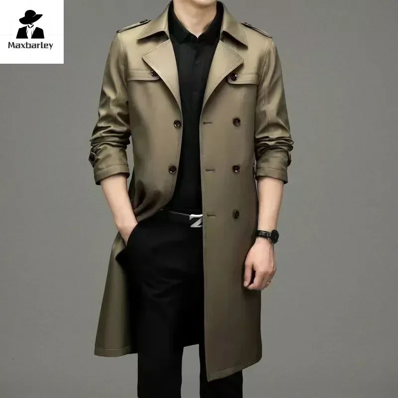 Business Mens Windbreaker Autumn High-quality Khaki Navy Black Double-breasted Trench Coat Fashion Male Clothing 250214BJ