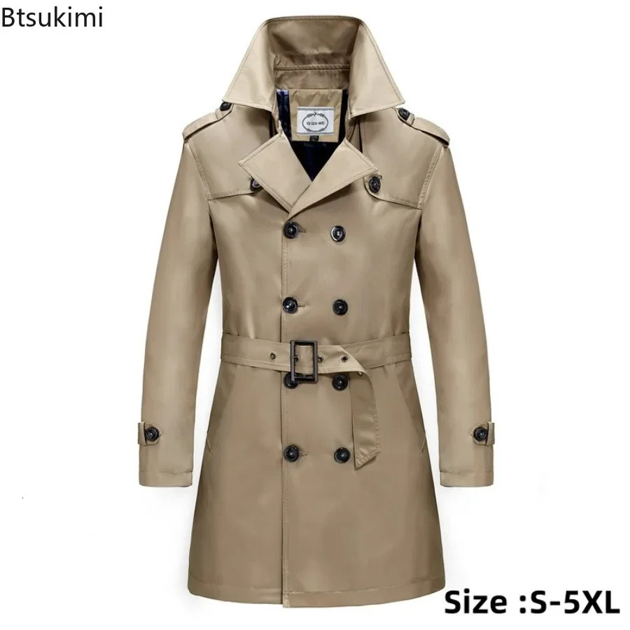 Mens Long Trench Jacket Coats Spring Autumn British Style Business Office Trench Mens Solid Slim Double Breasted Jacket 250214BJ