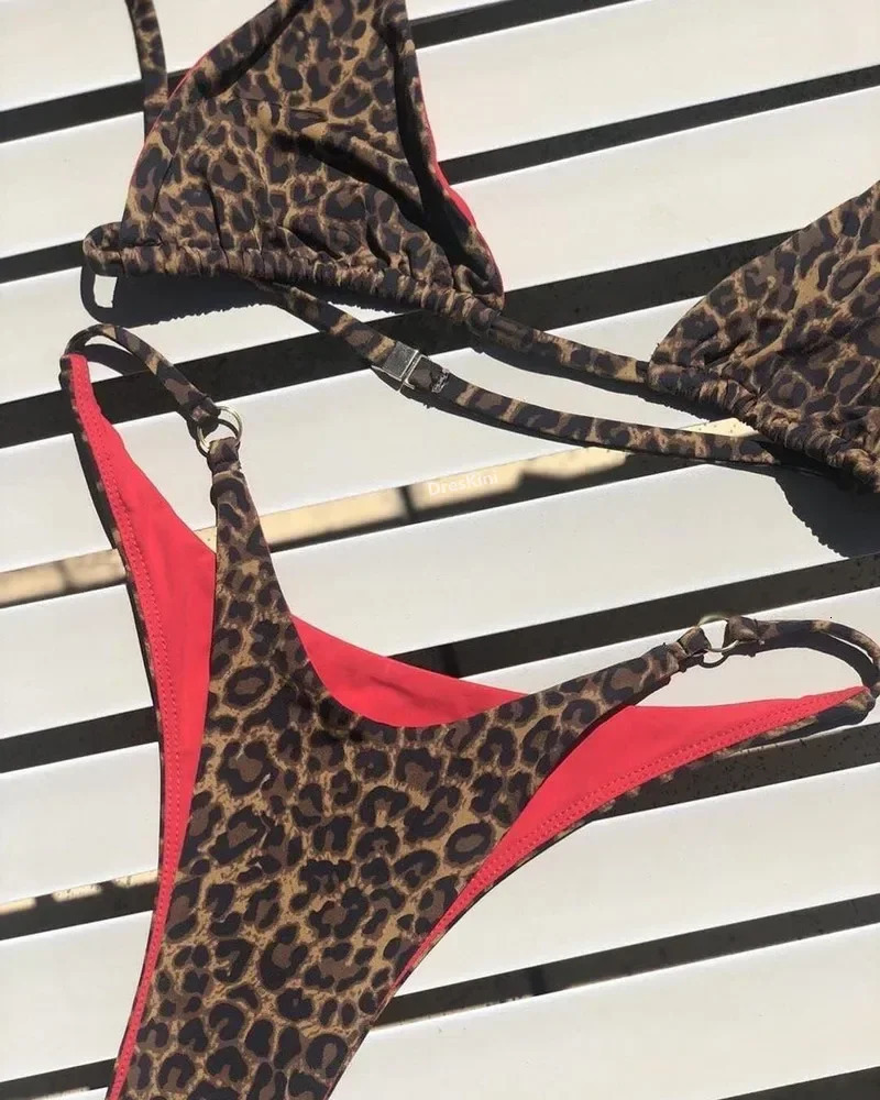 Sexy Leopard Bikini Suit Women Strap Push Up Swimsuit Three Points Low Waist Swimwear Summer Backless Beachwear 250118Z