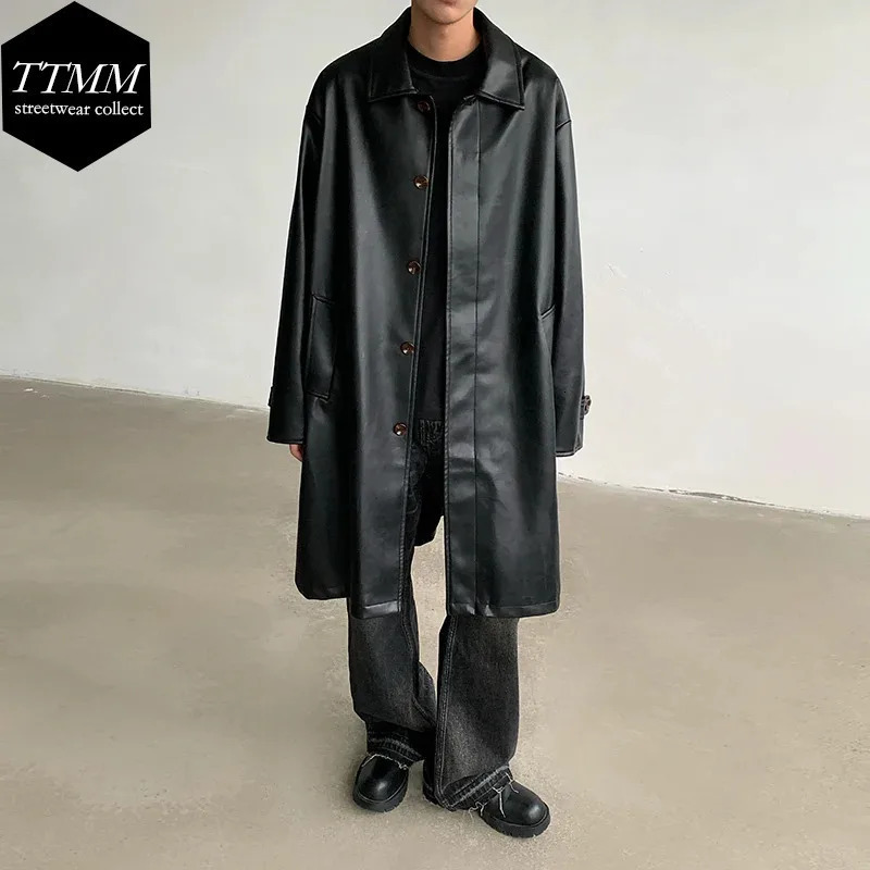 Mens Long Leather Jacket Washed PU Leather Windbreaker Suede Coat Spring Autumn Fashion Loose Overcoat 250214BJ