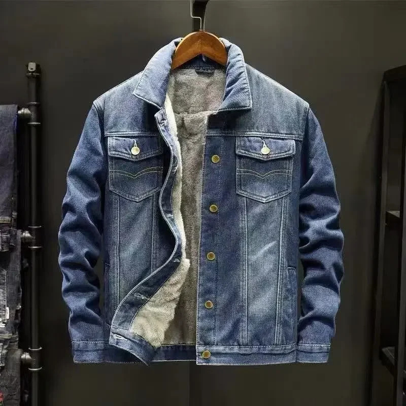 Mens Coat Thick Denim Jackets Turn Down Collar Lamb Wool Coats Full Sleeve Casual Splice Single Breasted Jacket Autumn Winter 250214Z