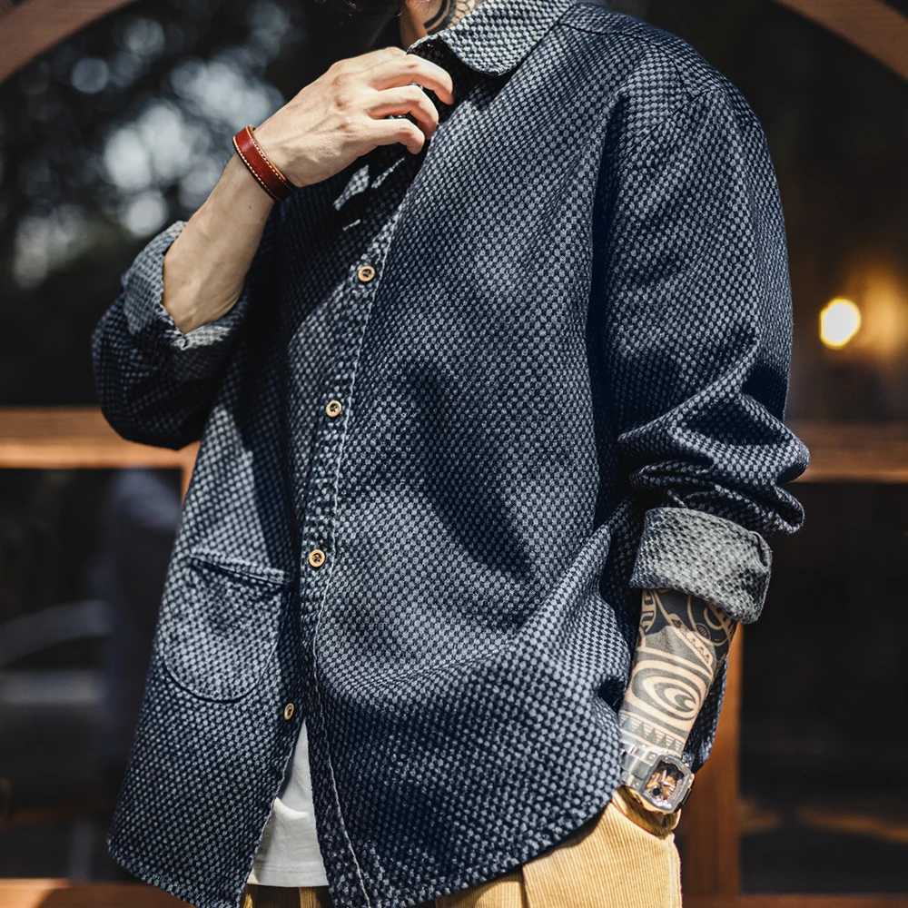 Maden Retro Checkered Long sleeved Denim Shirt Loose Lapel Single breasted Jacket for Men Spring and Fall Versatile Outerwear W250217 98