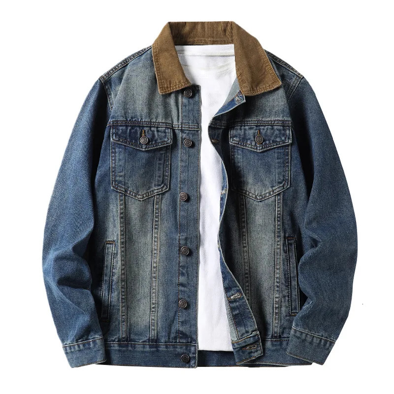Vintage corduroy collar patchwork denim top mens fashion made old wash lapel jacket 250217