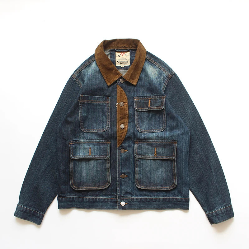 Color contrast stitching American vintage heavy jacket men multibag autumn May khaki cargo denim casual coat 250214Z