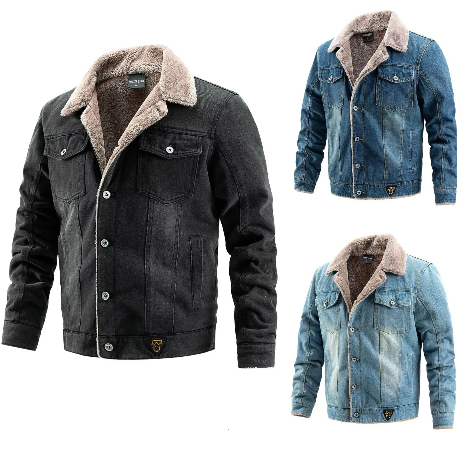 Mens Denim Jacket Thick Coat Solid Single Breasted Splice Slim Jackets Pocket Male Warm Casual Winter Spring Streetwear 250214Z