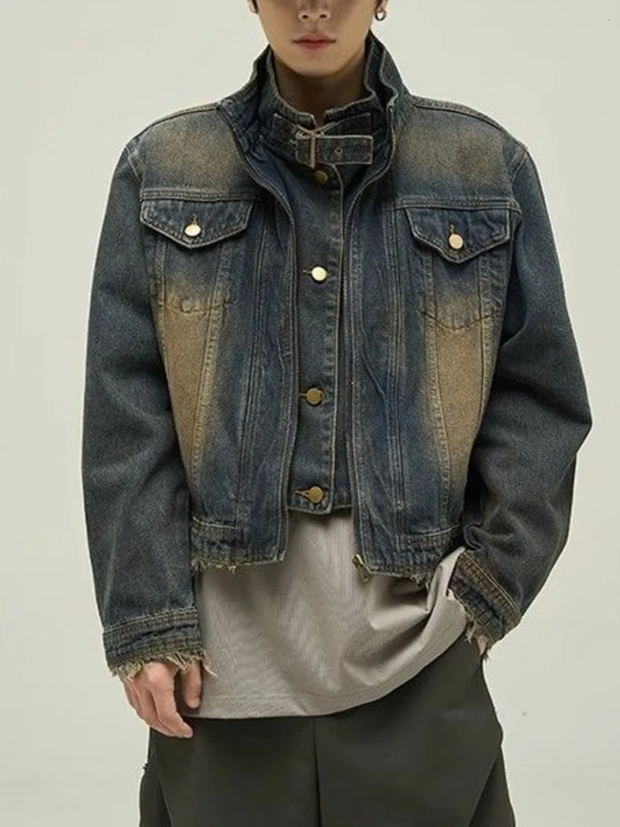 Vintage Denim Jacket Man Woman Short Zipper Single Breasted Cowboy Crop Coats Blue Washed Stand Collar Unisex Jeans Outerwear 250217