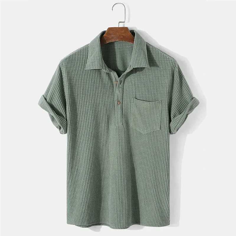 Summer mens retro wool button short sleeved street clothing solid color open pocket plaid shirt 2024 new item W250217 00