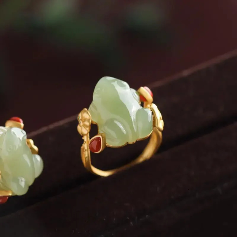 Green Jade Frog Rings Charms Natural Accessories Amulets Talismans Fashion Jewelry Adjustable Ring Women 925 Silver 250218