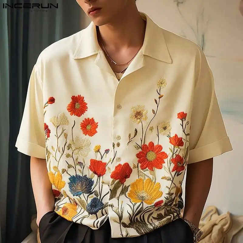 2024 Mens Shirt Flower Printing Lapel Short Sleeve Streetwear Casual Men Clothing Vacation Summer Fashion Hawaiian Shirts INCERUN 250219