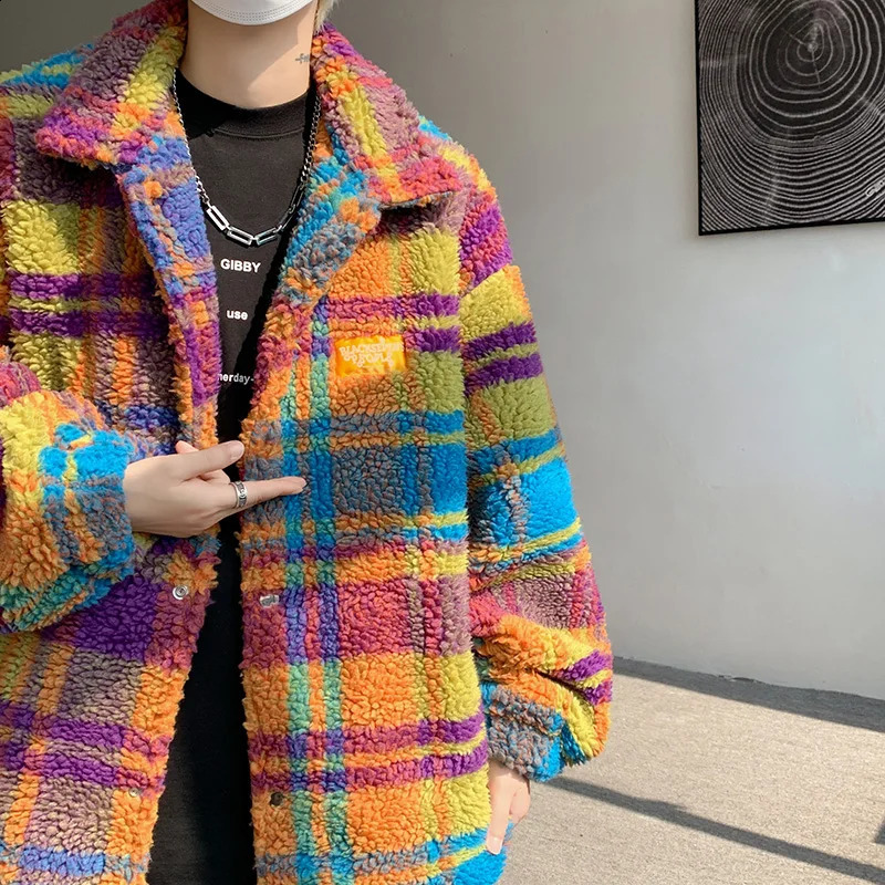 Patchwork colorful striped Iambskin jacket mens casual Harajuku winter thick warm couple hiphop streetwear 250214Z
