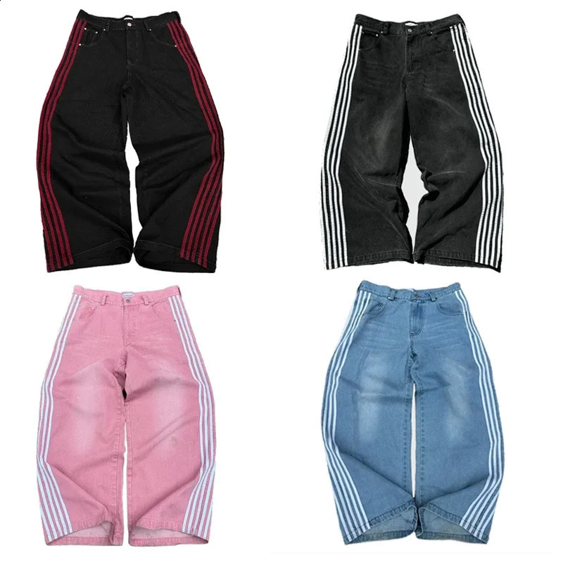 Y2K Baggy Jeans high quality Embroidered Striped Harajuku Sweatpants men women Hip Hop streetwear Casual wide leg Denim Pants 250214Z