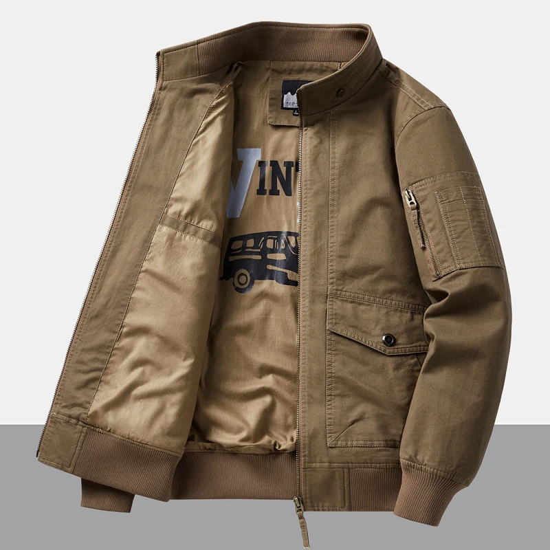 Mens Cotton Jacket 2024 Spring Autumn Solid Color Casual Loose Multipocket Outdoor Travel Stand Collar Top Work Coat 250214Z