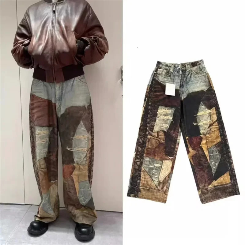 Autumn Retro 3D Printed Patchwork Baggy Jeans Mens Ripped Straight WideLeg Denim Trousers 2025 Y2K Streetwear Distressed Jean 250214Z