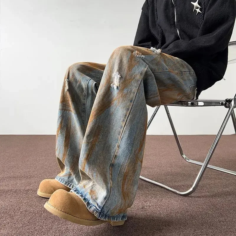 Mens trousers summer thin tiedyed ripped jeans mens loose straight washed distressed high street American 250214Z