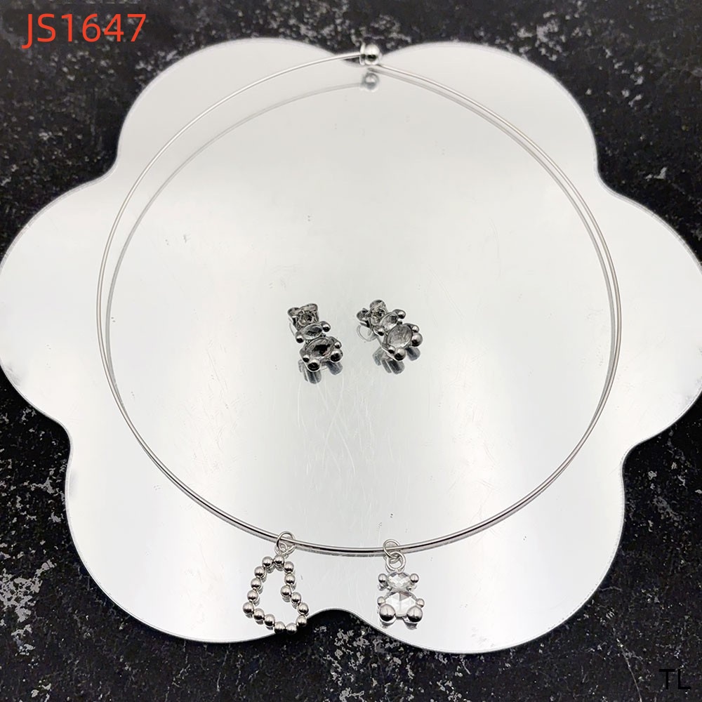 Fashion Women Silver Gold Stainless Steel Bear Black White Zircon Square Letter Pendant Drop Earrings Sets Jewelry-image-1045383671