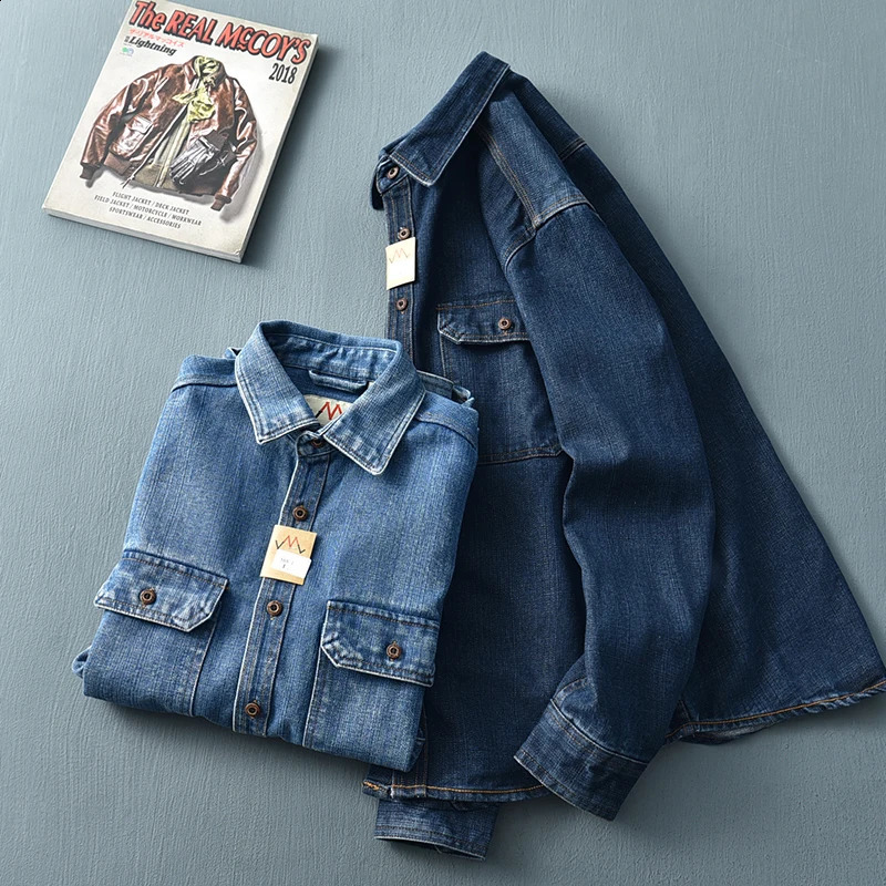 Trendy Mens Fashionable Water Wash Blue Denim Shirt Old Loose Retro Work Jacket Long Sleeve 260701banjia