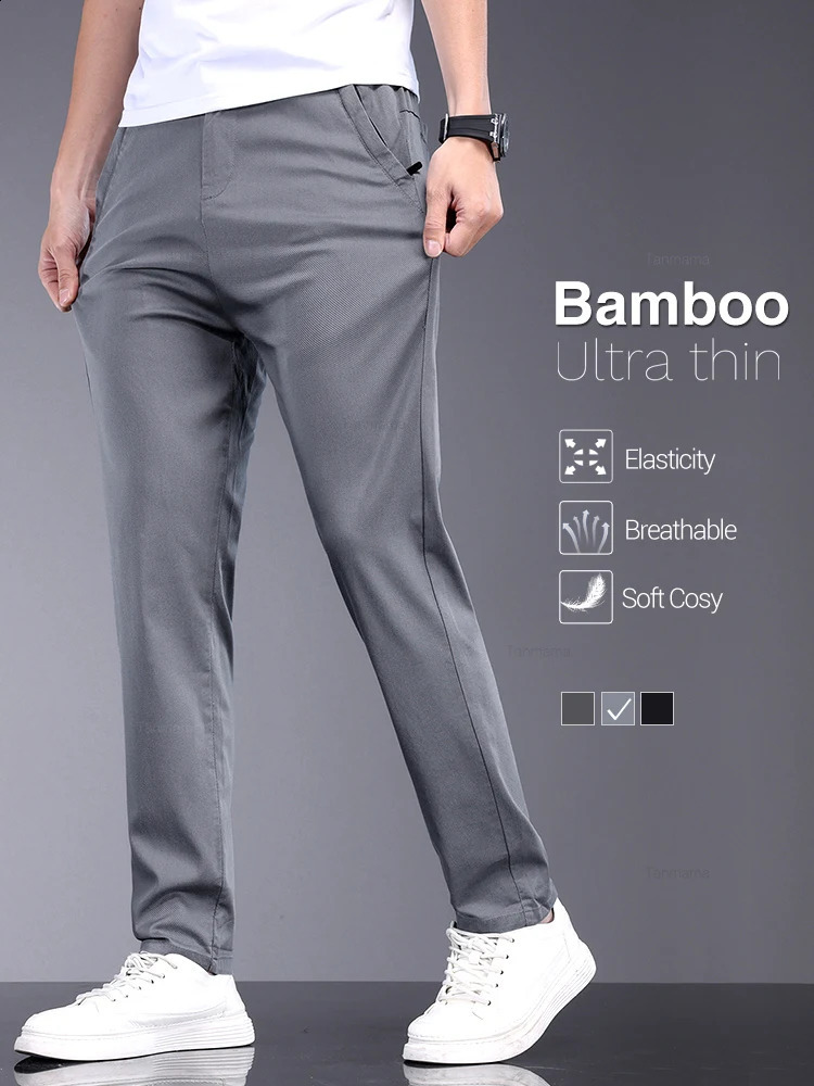 Bamboo Fiber Fabric Summer Mens Casual Pants Fashion Thin Soft Breathable Elastic Business Slim Straight Trousers Black Gray 250220