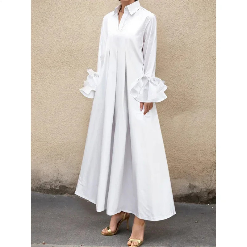 UOOZEE Black White Color Flared Sleeves Pleated Shirts Dress Women Spring Fashion Elegant Party Evening Maxi Dresses 250220