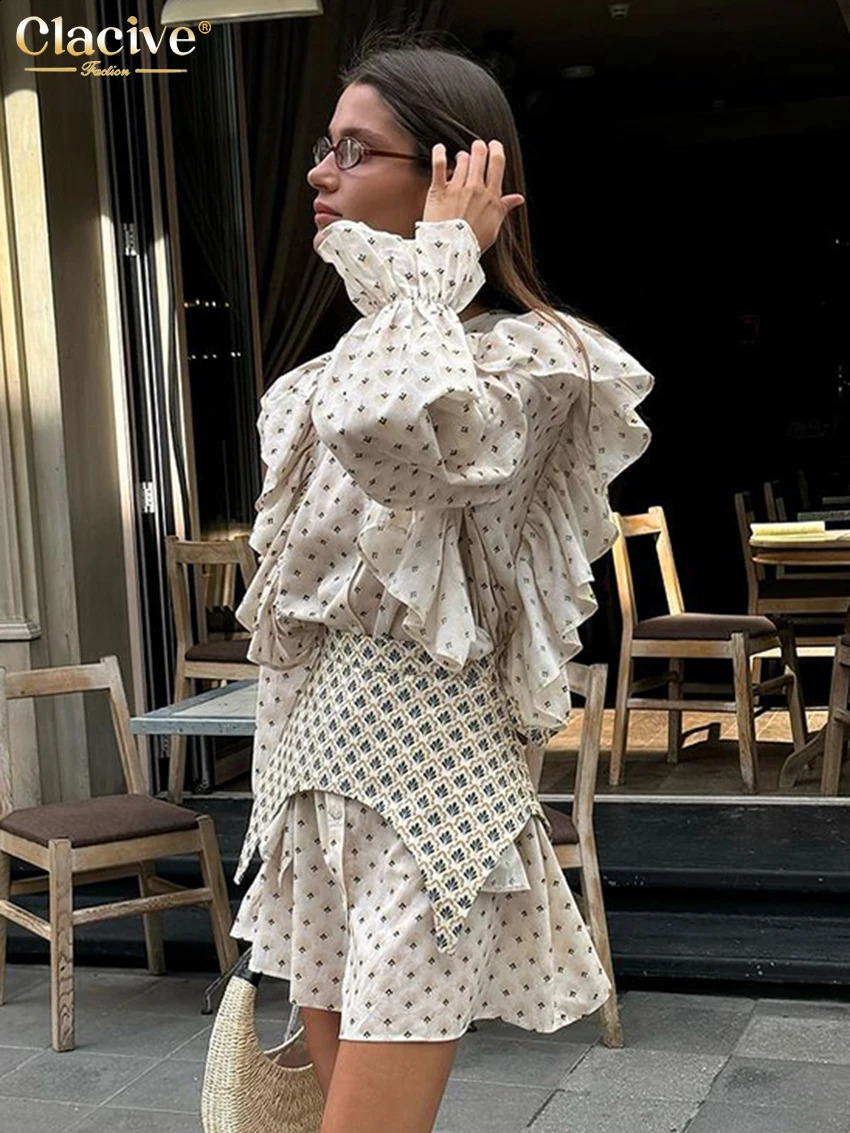 Clacive Fashion Loose Print Womens Casual O Neck Long Sleeve Mini Dresses Elegant Classic Ruffle Girdle Female Dress 250220