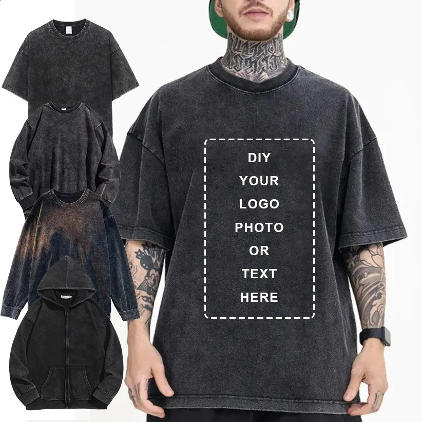 Customized heavy-duty washed Distressed T-shirts unisex vintage cotton wax printed mens T-shirts streetwear minimum order quantity 1 250220