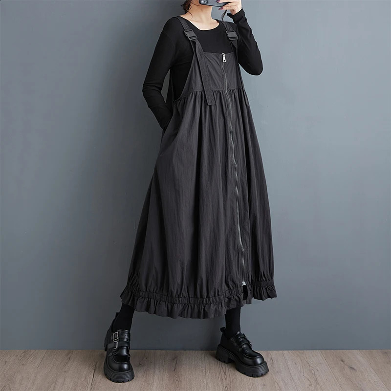 6536 Black Green Sleeveless Spaghetti Straps Dres Zipper Sexy Split Joint Pleated Midi Dress Ladies Loose Streetwear 250220