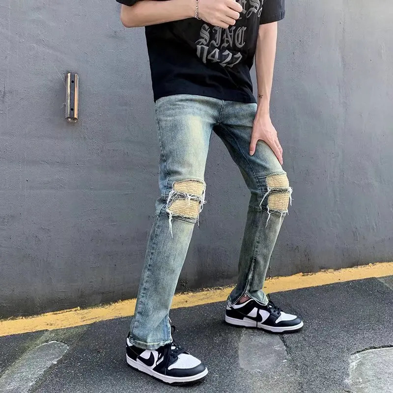 2023 Y2K Fashion Stretch Slim Ripped Jeans Pants For Men Clothing Ankle Zipper Vintage Skinny Biker Denim Trousers Mens 250214Z