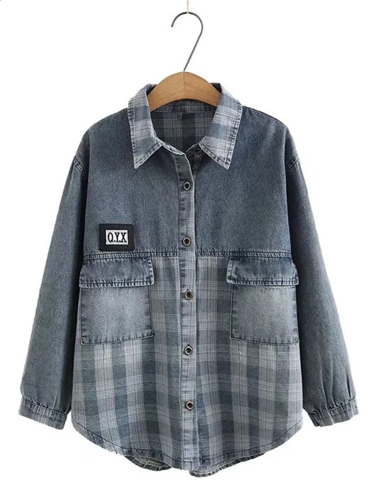 Plus size womens clothing denim shirt spring and autumn thin seam loose jacket long sleeved suitable for overweight women 250220Z
