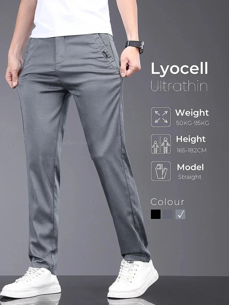 Men Pants Soft Stretch Lyocell Fabric Summer Clothes Casual Pants Thin Elastic Waist Business Slim Trousers Male 250220