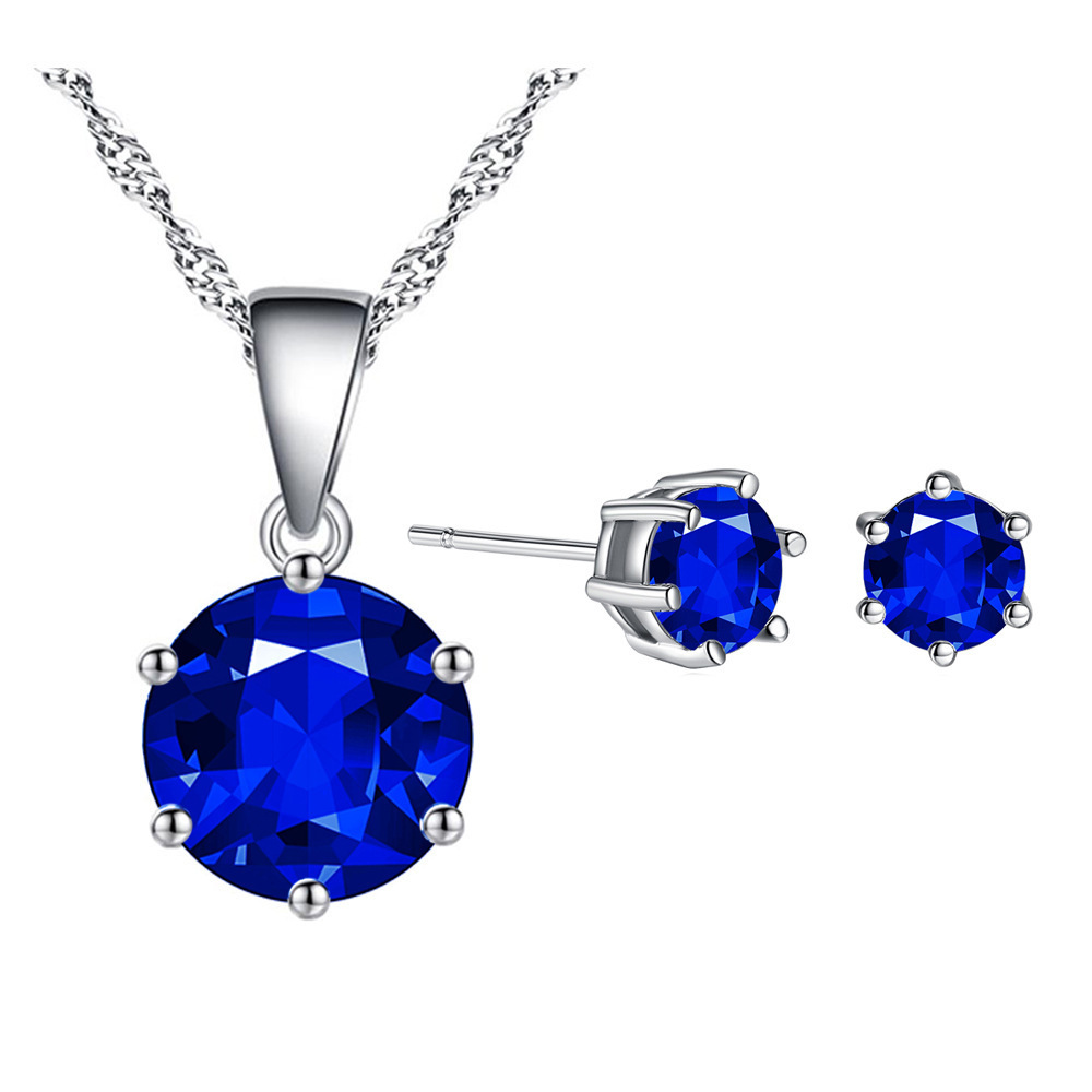 Fashion Women Girls Silver Stainless Steel Round Crown Color Zircon Bracelet Pendant Earrings Sets Jewelry A Gift-image-1045545012