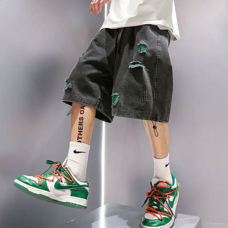 Mens Trendy Vintage Streetwear Oversize Hole Y2K Harajuku Denim Short Pants Summer Youth Casual Hip Hop Baggy Beach Jeans Shorts 250214Z