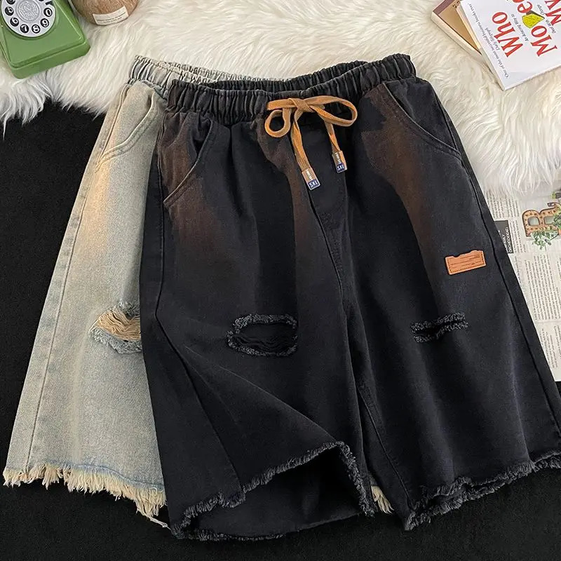 Mens Trendy Vintage Casual Streetwear Y2K Hole Jeans Short Pants 2024 Summer Youth Harajuku Pockets Loose Straight Denim Shorts 250214Z