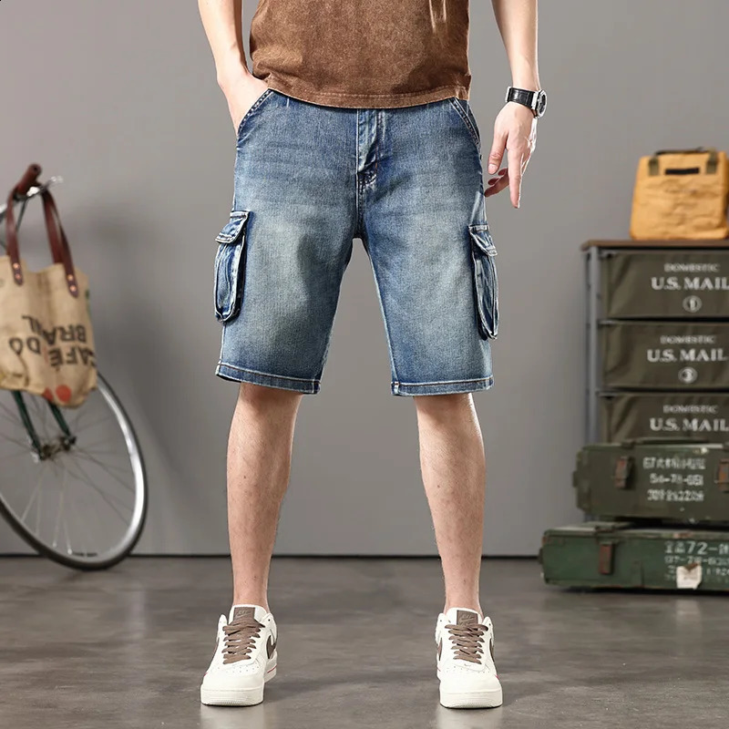 American High Street Washed Retro Denim Shorts Youth Fashion Multipocket Loose Pants for Men Mens Workwear 250214Z