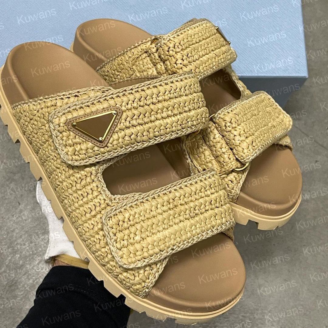 Women Slippers Crochet Flatform Slides Summer Sandals Platform Beach Chunky raffias High Quality Designer Mules Outdoor Woven Straw Slip-on