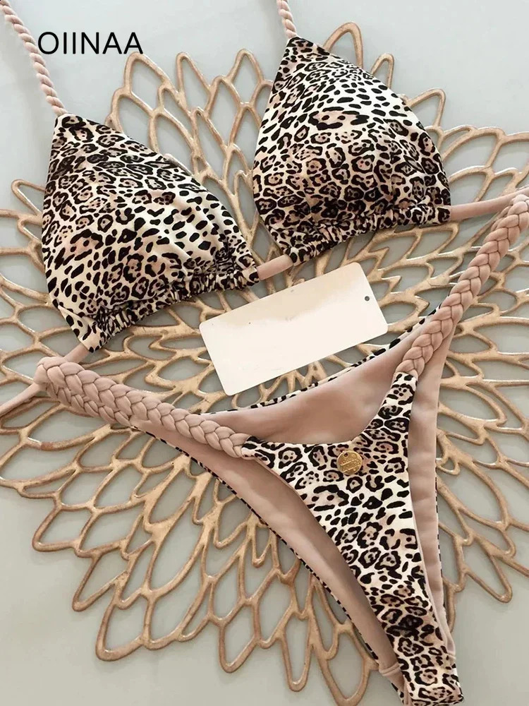 OIINAA Swimwear Women Leopard Printed Sexy Bikini Set Striped Beachwear Summer Swimsuit Twopieces Thong Bathing Suit Biquinis 250214Z