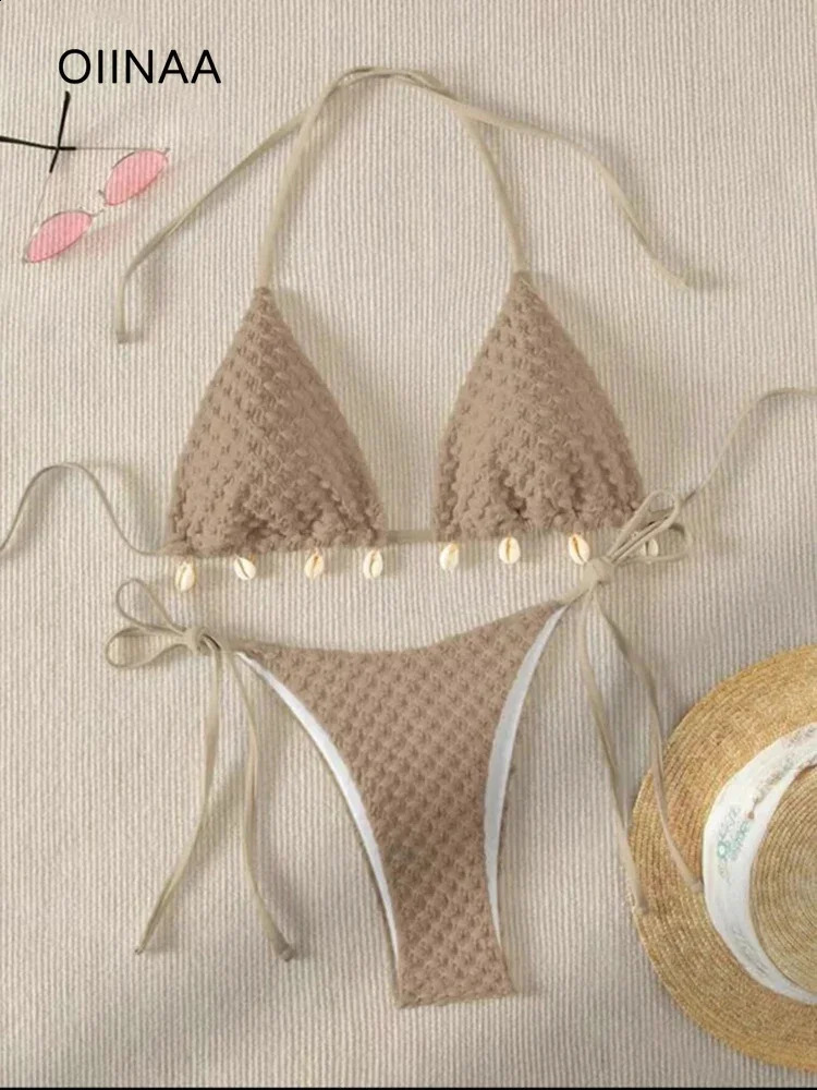 OIINAA womens swimsuit sexy solid shell bikini set brushed side bow tie beachwear summer suspender lace twopiece 250214Z
