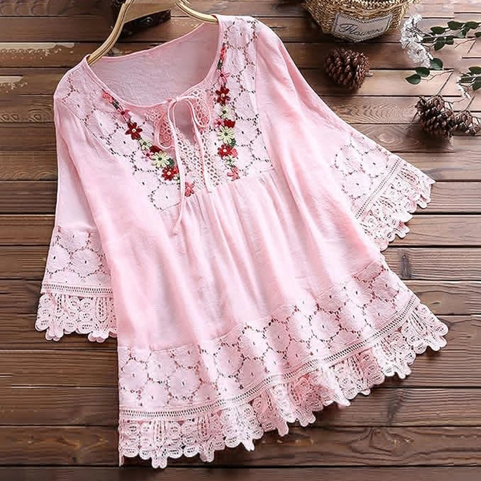 L5XL plus size womens casual loose shirt summer tie front Vneck patchwork lace Bohemian 34 sleeve appliqu top 250214